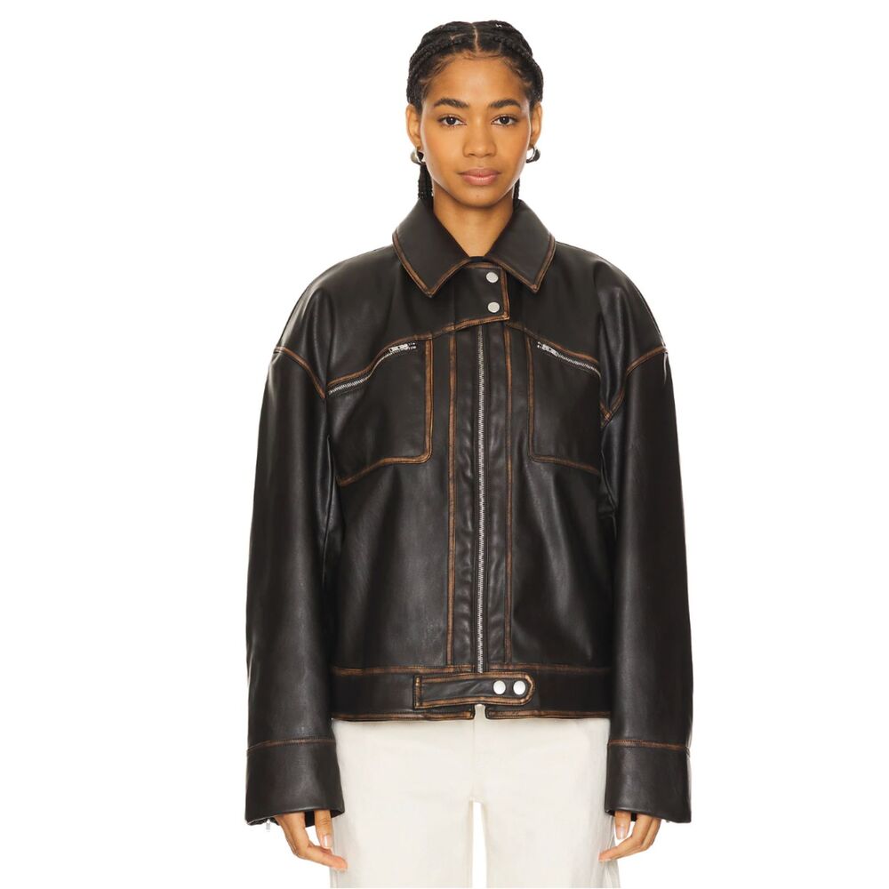 Lovers and Friends Brinley Faux Leather Jacket Brown Distressed Large Revolve - Picture 2 of 7